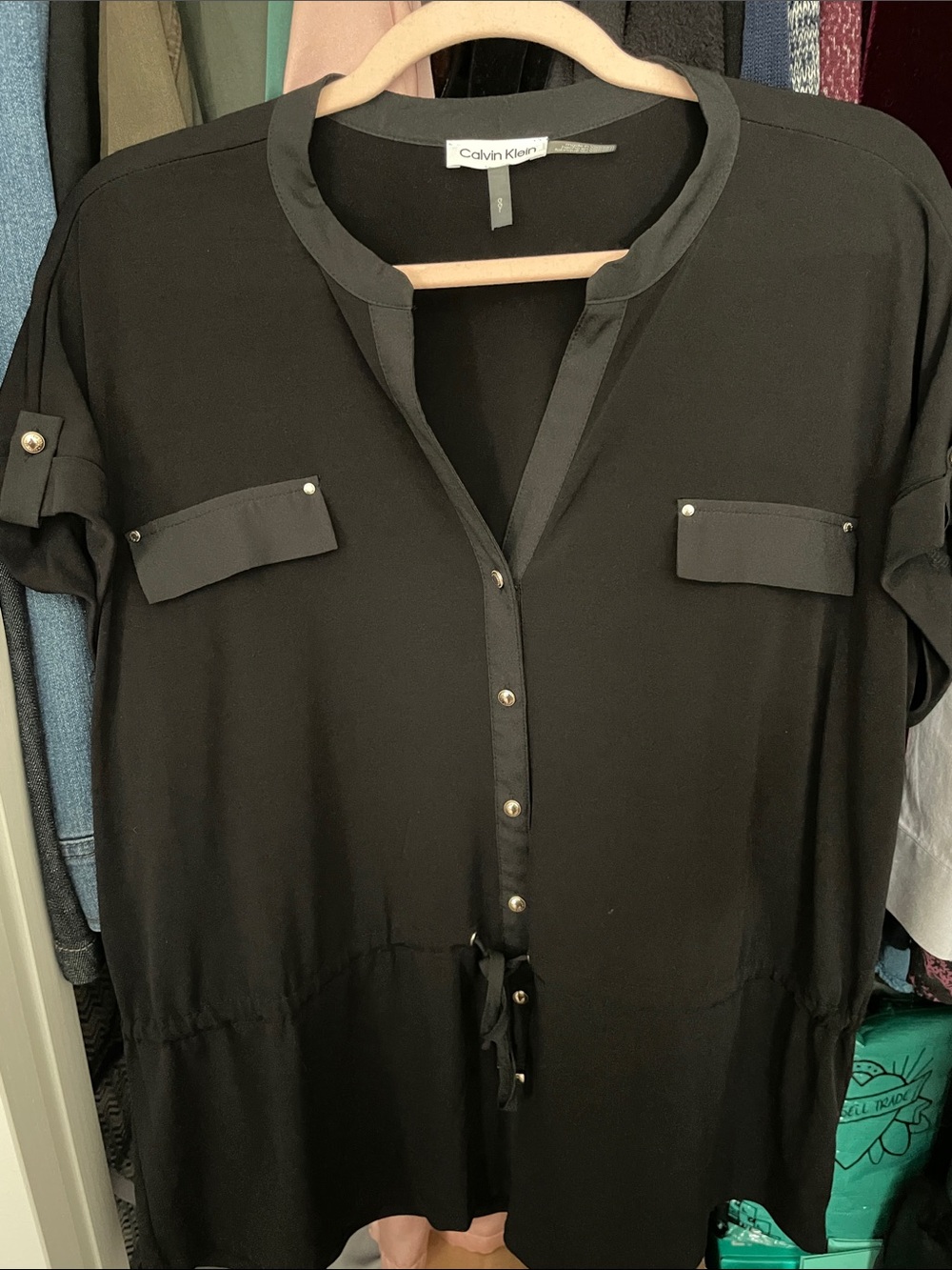 Calvin Klein Black Drawstring Button Tunic Blouse Date Night Office Business